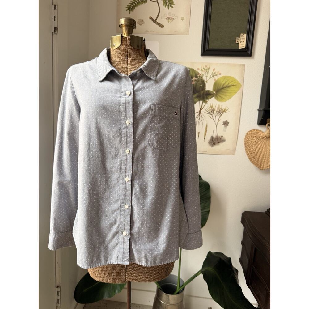 Tommy Hilfiger Womens Light Blue Polka Dot Button Down Shirt Long Sleeve Large